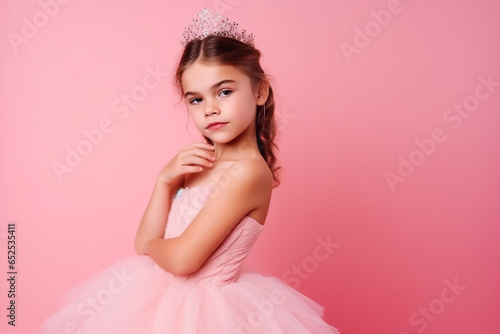 Pretty young girl profile in a princess dress on a pink studio background. Generative AI
