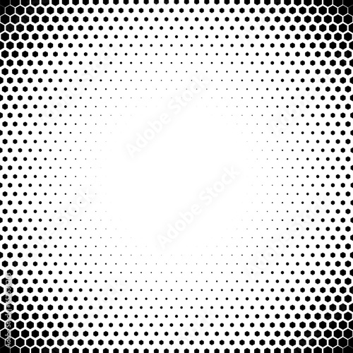 Halftone effect gradient black hexagons offset grid. Square frame border with round circle transition inside. 