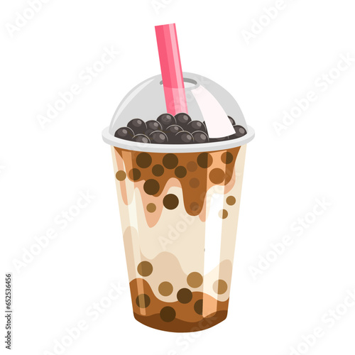 Vector illustration, bubble milk tea in a plastic cup, with black tapioca pearl topping, isolated on white background.