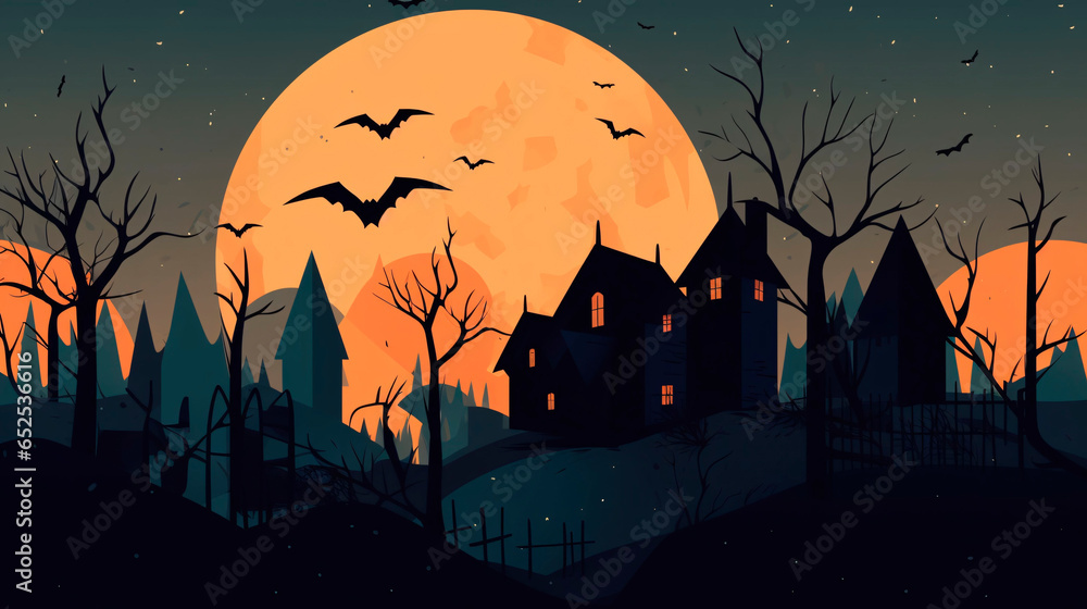 Halloween background. Halloween wallpaper with pumpkins, spooky houses and ghosts. Generative AI