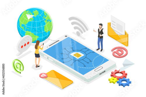 Obraz na plátně 3D Isometric Flat  Conceptual Illustration of eSIM, Mobile Communication Technol
