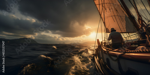 close up of sailing boat on the ocean at sunset, cinematic photography