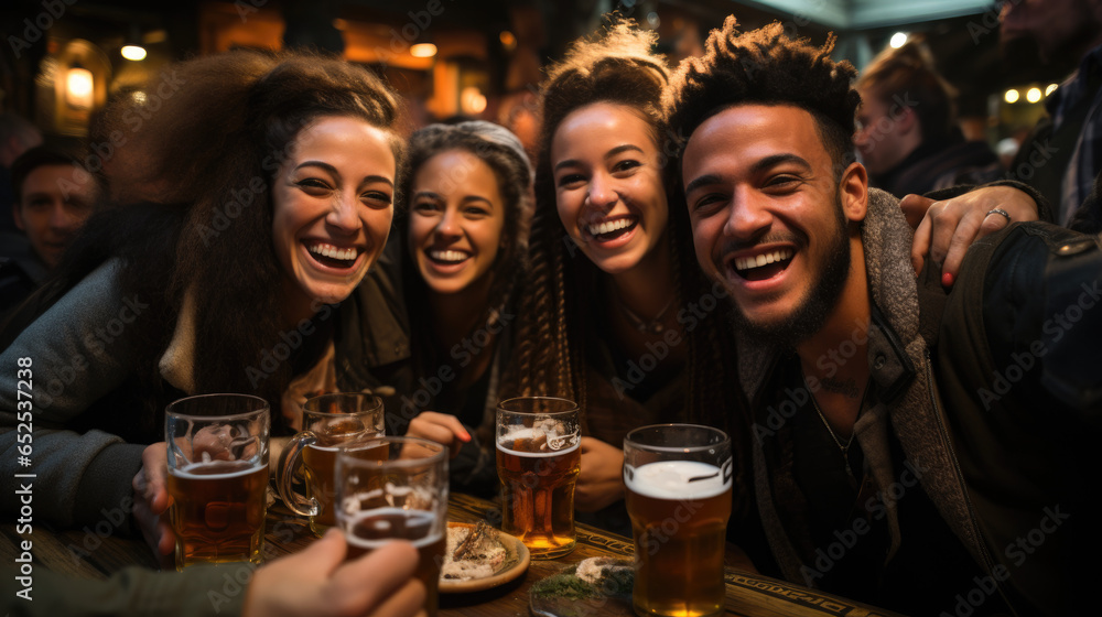 Adult friends enjoying happy hour at a crowded bar, smiling and drinking together. Adult friends enjoying happy hour at a crowded bar, smiling and drinking together.