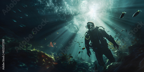 scuba diver underwater, cinematic lighting