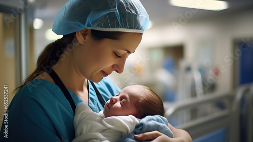Nurse is holding a newborn baby in the hospital