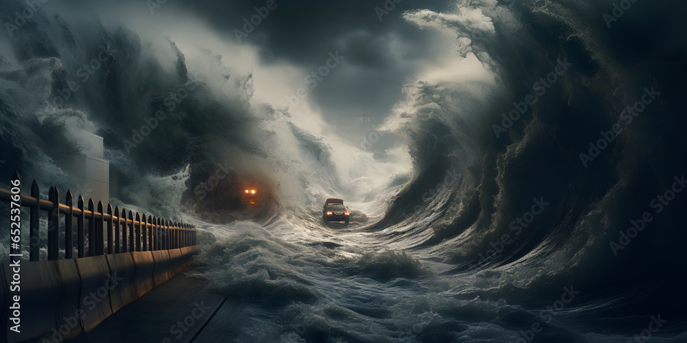 Fototapeta premium tidal wave hitting city