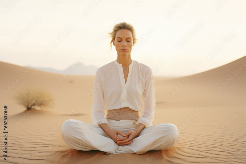 editorial film photo of a young white woman sitting in mindful meditating in nature by desert/sand for peace/clarity/mental wellbeing/balance magazine style