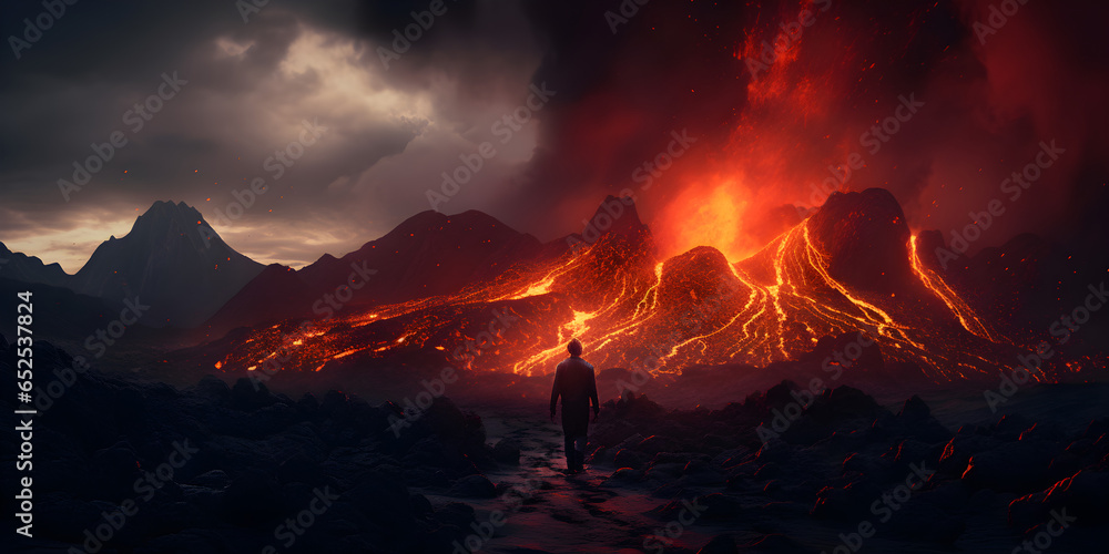 volcano eruption at night with smoke cloud and glowing orange lava