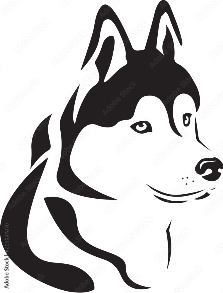 Cartoon Black and White Illustration Vector Of a Husky Dogs Face with Ears and Nose