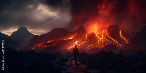 volcano eruption at night with smoke cloud and glowing orange lava