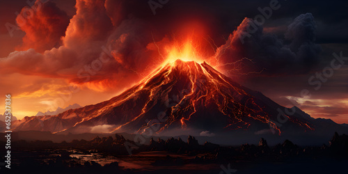 volcano eruption at night with smoke cloud and glowing orange lava