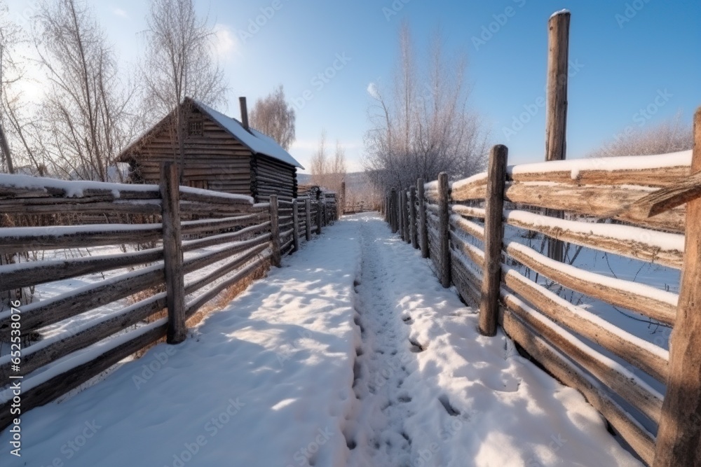 passage between the fences in the village in winter passage between the fences in the village in winter
