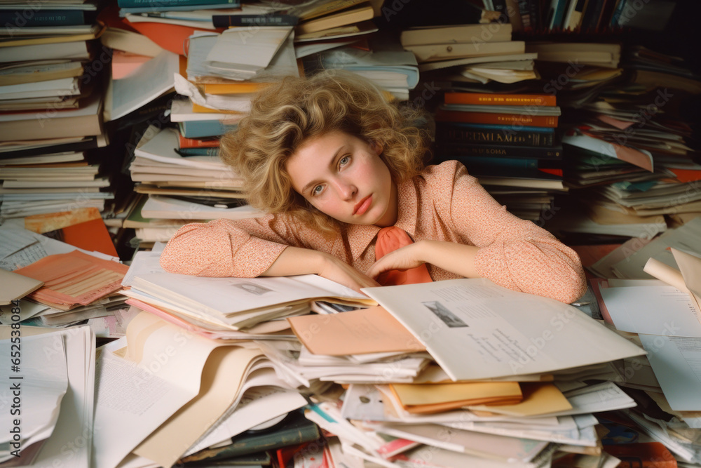  a young white woman looking tired/exhausted/overworked in office work place surrounded by piles of documents burned out depressed cinematic editorial film style - obrazy, fototapety, plakaty 