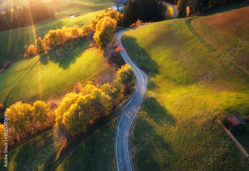 Aerial view of road in alpine meadows and hills at sunset in autumn. Top view of rural mountain road, orange trees in fall. Colorful landscape with country roadway, forest, hills, grass in Italy