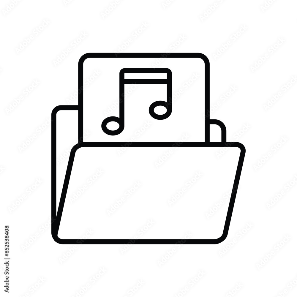 Opened folder with music note symbol icon vector. Listen music, audio, recording, song icon. Folder line icon vector illustration for graphic design, UI, or digital web. Opened folder with music note symbol icon vector. Listen music, audio, recording, song icon. Folder line icon vector illustration for graphic design, UI, or digital web.