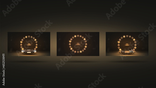 3d catwalks with a neon frame of the suits of cards booby spades hearts and crosses in gold on a black background. A concept for casino and poker.