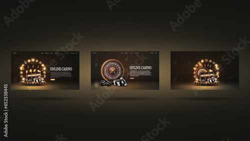 3d podium with roulette for casino, chips, dice, poker cards, podium with neon frame of suits of spades booby hearts and crosses in black and gold.