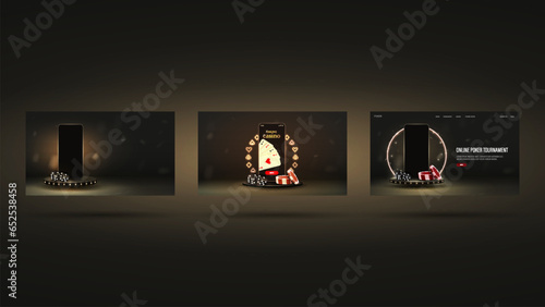 3d smartphones with poker cards, chips, dice on a podium with a neon gold frame on a black background.