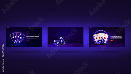 3d podium with poker cards, chips, dice on a podium with a neon frame on a blue background. A concept for a casino.