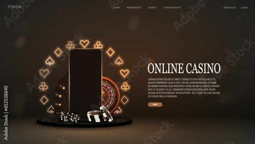 A web banner with poker cards, casino roulette, dice and chips on a 3D podium with a neon frame of the suits of spades, diamonds, hearts and crosses in gold on a black background.