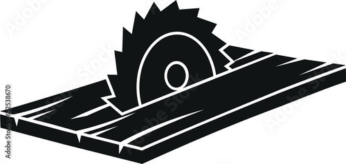 Cartoon Black and White Illustration Vector Of A Wood Table Saw Cutting a Plank of Lumber Wood