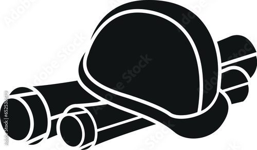 Cartoon Black and White Illustration Vector Of A Hardhat On Top Of Blueprints