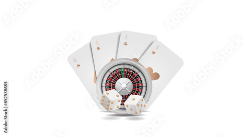 3d roulette for casino with poker cards and dice in white on a light background. The concept for a casino in realism.
