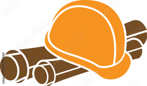Cartoon Black and White Illustration Vector Of A Hardhat On Top Of Blueprints