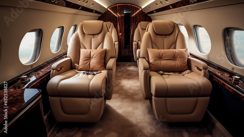 Interior of luxurious private jet with leather seats © Brynjar