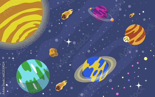 vector hand drawn galaxy background with planet star and asteroids