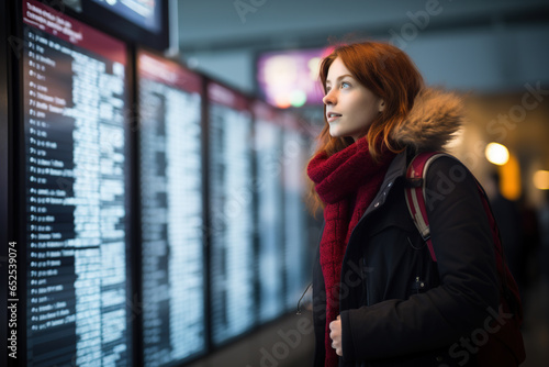 Female tourist looking at flight schedules for checking take off time