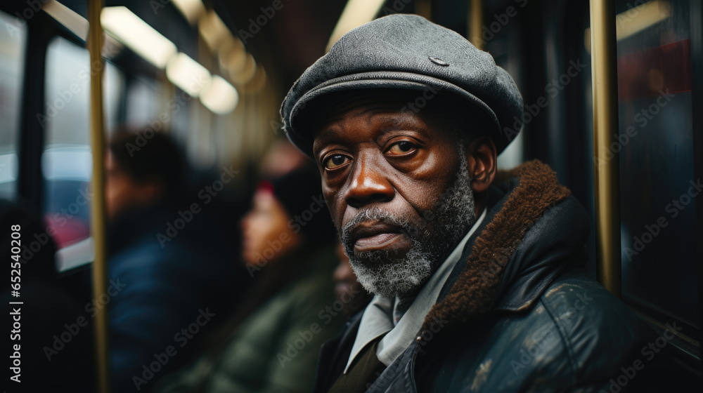 Senior Man with a Beard and Hat on a City Bus