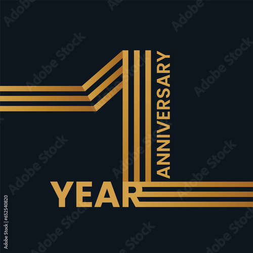 1 year anniversary celebration greeting card vector template. Anniversary and birthday celebration logo with elegant golden color letter 1 on dark background. Company 1 year event.