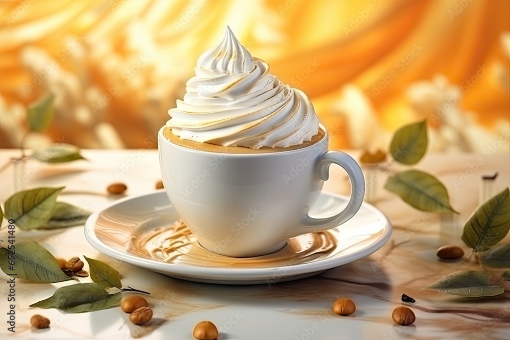 a coffee with whipped cream on a white plate with leaves Generative AI a coffee with whipped cream on a white plate with leaves Generative AI