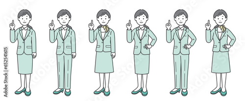 指差しをする女性ビジネスマン 片手 斜め
