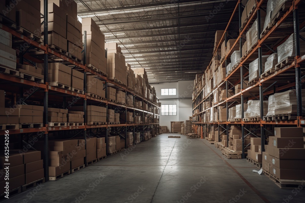 clean warehouse with shelves and cardboard boxes clean warehouse with shelves and cardboard boxes