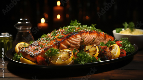 A beautifully presented plate of grilled salmon with a side of roasted vegetables, highlights the freshness and flavors