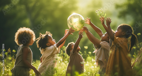 Fototapeta Naklejka Na Ścianę i Meble -  International Day of Peace concept, a hope of a better future. No war, Stop war. Group of diverse children play with planet earth in front of a blurred nature background. 