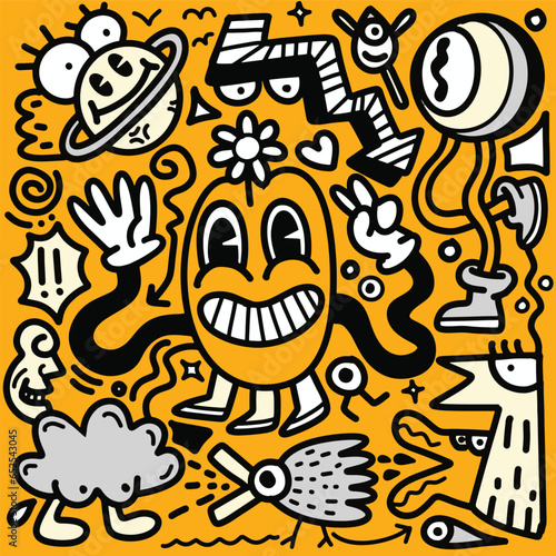 Doodle, illustration of cartoon monsters and cartoons on an yellow background, in the style of black and white abstraction, joyous figurative art
