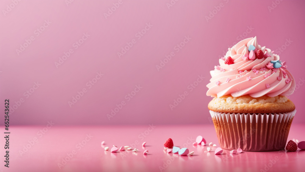 Delicious cup cake on pink background. Backdrop with copy space Delicious cup cake on pink background. Backdrop with copy space