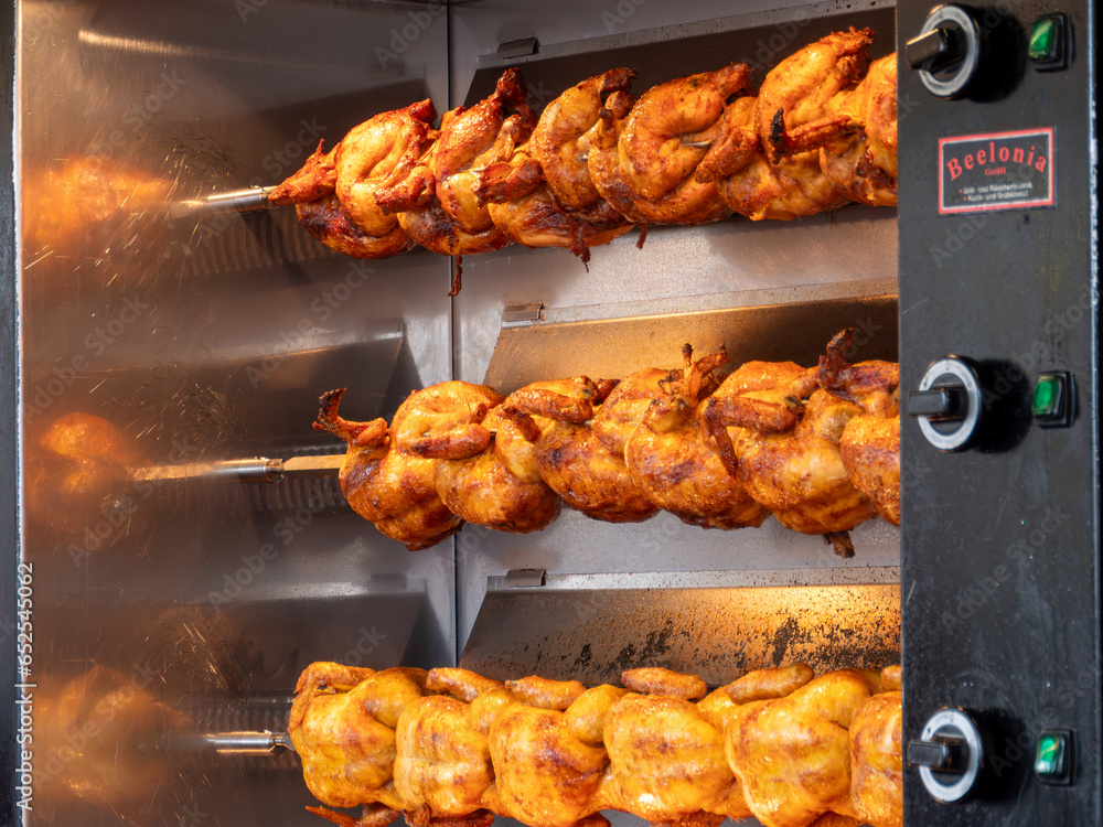Traditional Rotisserie Roast Chickens at Oktoberfest in Munich Stock