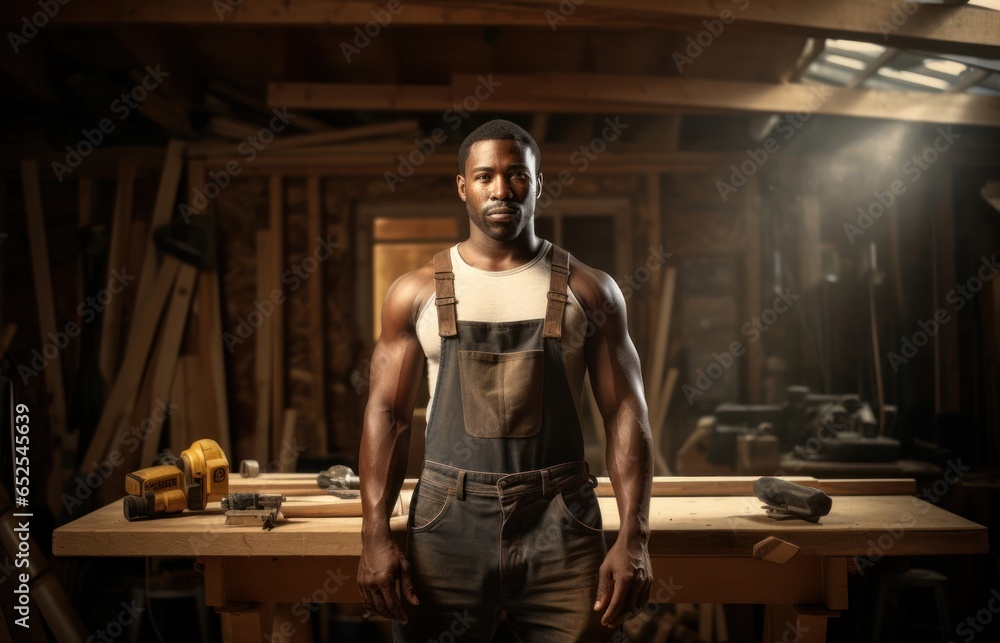 Obraz premium Black Man Carpenter Employee Employment Workplace Backdrop Generative AI
