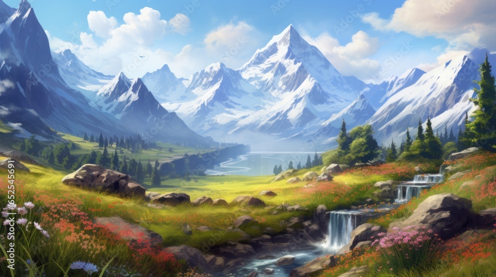 Obraz premium Majestic Mountain Peaks, Snow Capped Summits and Alpine Meadows Game Art
