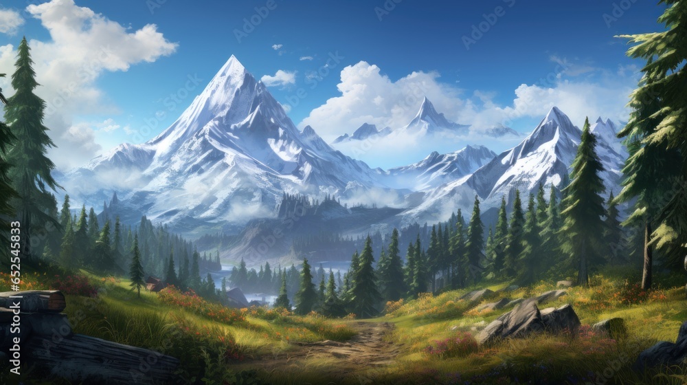 Majestic Mountain Peaks, Snow Capped Summits and Alpine Meadows Game Art