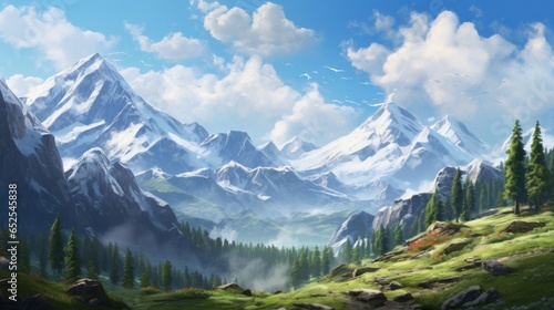Majestic Mountain Peaks, Snow Capped Summits and Alpine Meadows Game Art