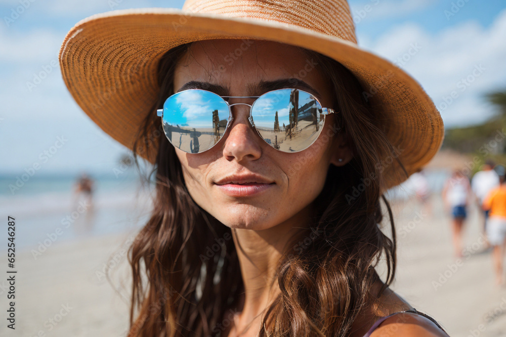 Portrait of a beautiful girl model wearing glasses and a hat on holiday at the beach Portrait of a beautiful girl model wearing glasses and a hat on holiday at the beach