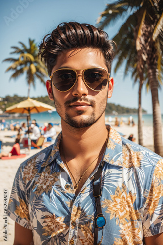 Portrait of a cool male model wearing glasses on holiday at the beach.