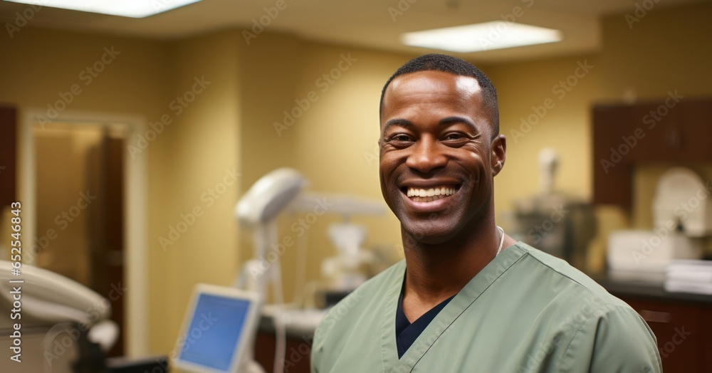 Naklejka premium Black Man Chiropractor Professional Career Work Environment Backdrop Generative AI