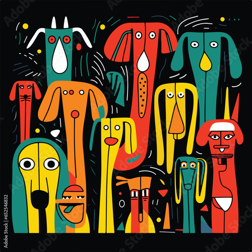 A group of colorful dog faces with a black background