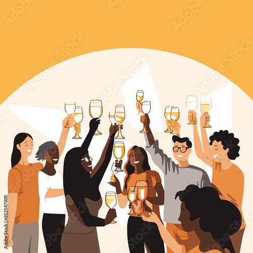 A group of individuals giving a toast with a toast, light beige and light amber